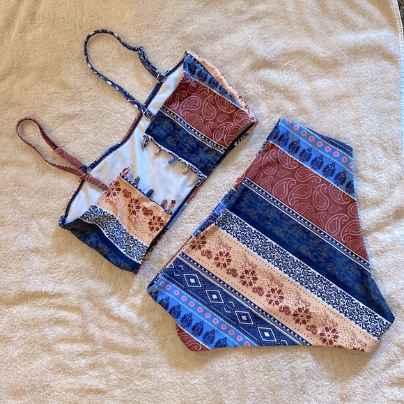 Shein Tribal High Waist Bohemian Print Bikini Top & Bottom Adjustable 2Pc Set - Picture 2 of 2
